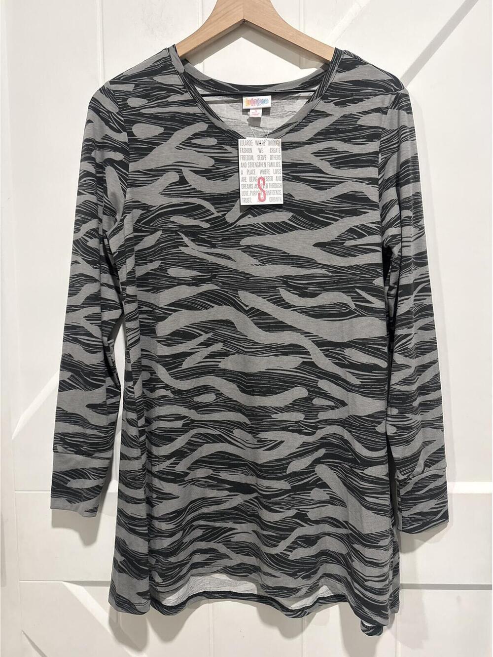 LuLaRoe Women's Long Sleeve Tunic Top in Gray & Black Zebra Print, Size S